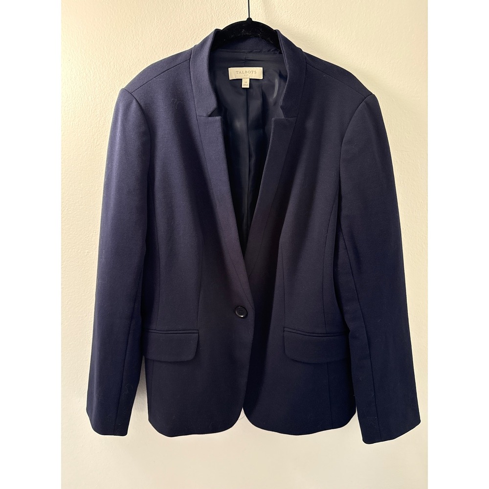 Talbots Women's Blazer Navy Sz 14 Business Casual Cotton Blend Notch Neck Collar
